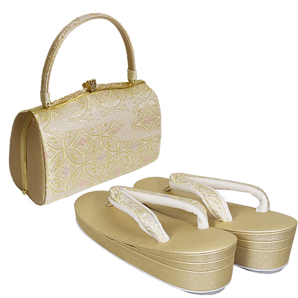草履バッグセット 沙織 礼装用 ゴールド系の草履&七宝と流水柄のバッグ 